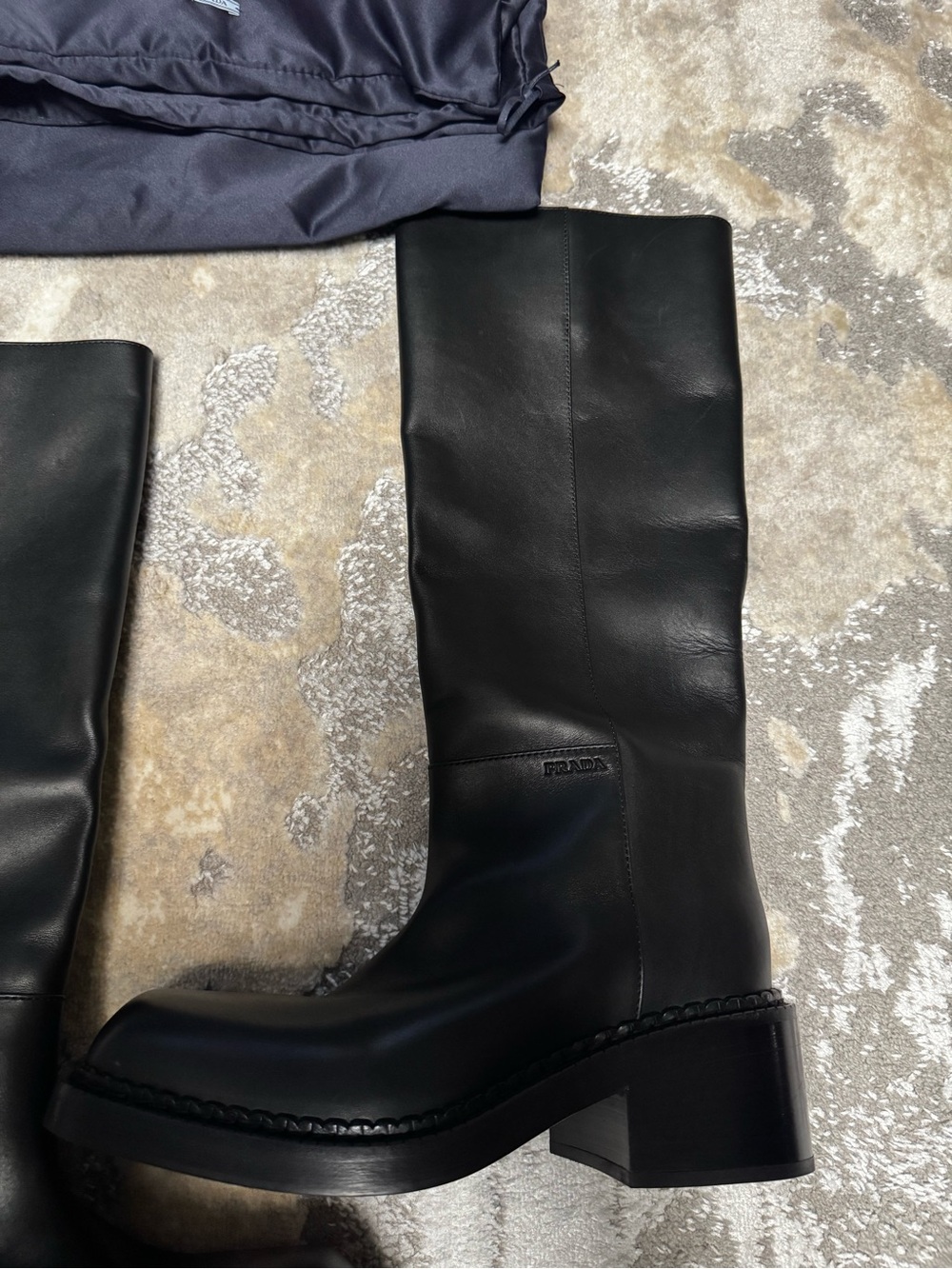 NEW!!! Prada Black Leather Knee-High Block-Heel Boots SZ 9 - Picture 6 of 7
